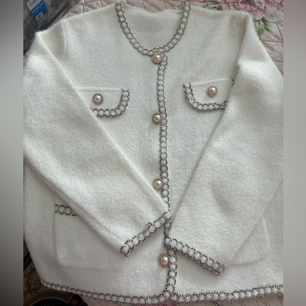 Elegant White Cardigan with Pearl Accents